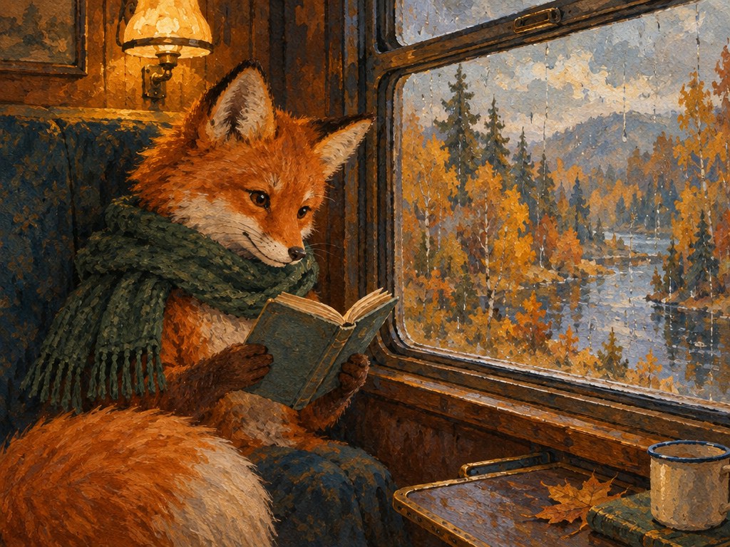 Иллюстрация рыжей лисы с книгой в поезде в технике гуаши