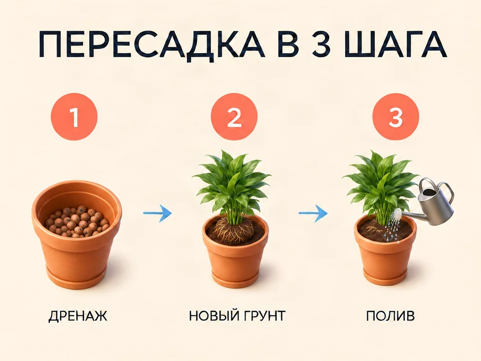 Трёхшаговая схема пересадки растения с русскими подписями