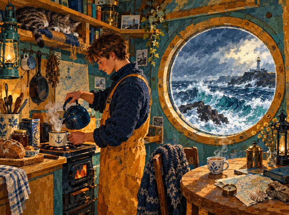 Смотритель маяка готовит чай рядом со спящим котом