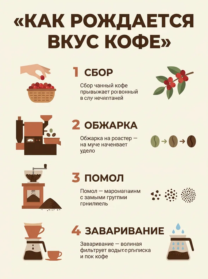 Русская инфографика о четырёх этапах приготовления кофе
